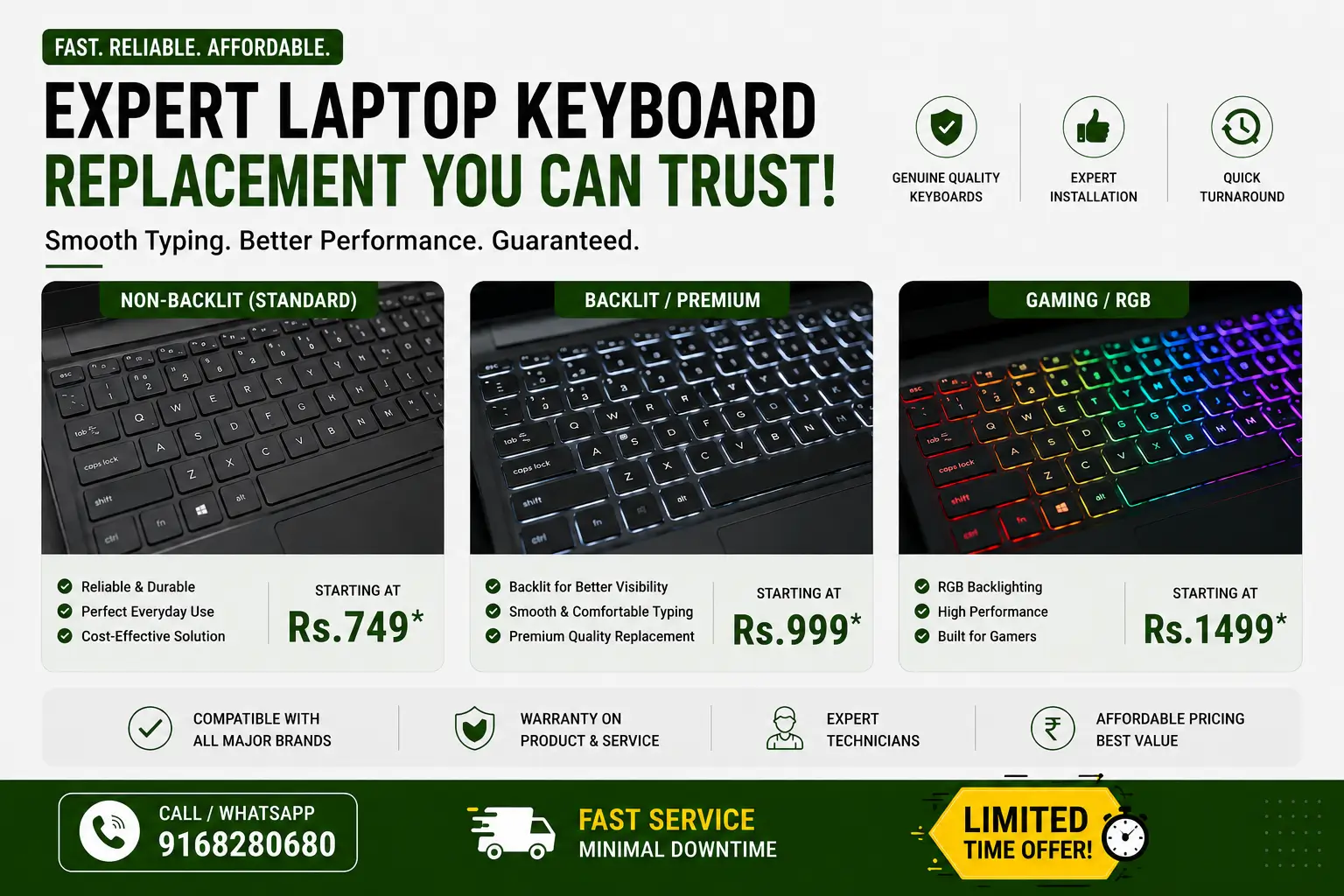 Professional laptop keyboard repair and replacement services for various keyboard types and models
